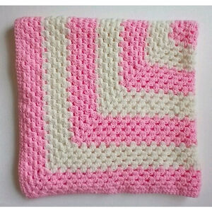 Handmade Pink White Crocheted Baby Blanket Afghan Crib Shower Gift 37"x38"